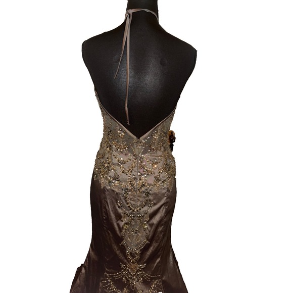 Morilee Madeline Gardner Taupe Formal Beaded Gown Halter Dress Sz 6 Black Tie - Picture 8 of 16